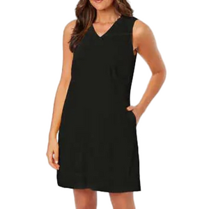 BRIGGS NY Ladies Size Large V Neck Ruffle Black Pockets LINEN Blend Dress